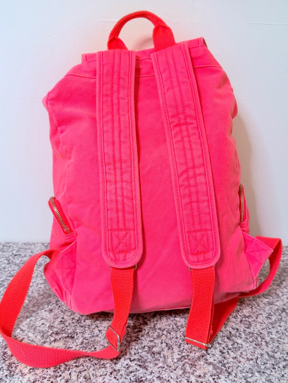 PINK Victoria's Secret Neon Pink Canvas Drawstring Backpack with Buckle Accent - Picture 4 of 11